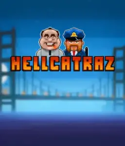 Explore the thrilling world of the Hellcatraz game by Relax Gaming, featuring a cartoonish prisoner and a guard with the infamous Alcatraz prison and San Francisco skyline in the background. This graphic depicts the light-hearted escapade of an escape-themed game, ideal for fans of retro gaming, delivering a nostalgic adventure. 